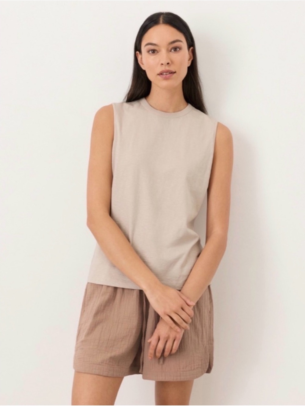 PACT Organic Cotton Mock Neck Tank Top Beige Cream Sleeveless Slub Airplane